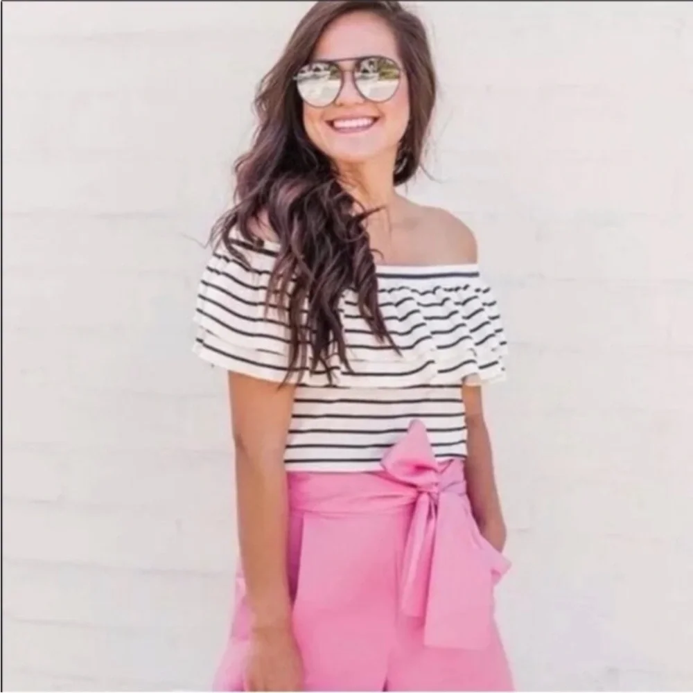 J. Crew Black and White Striped Off-Shoulder Ruffle Knit Top